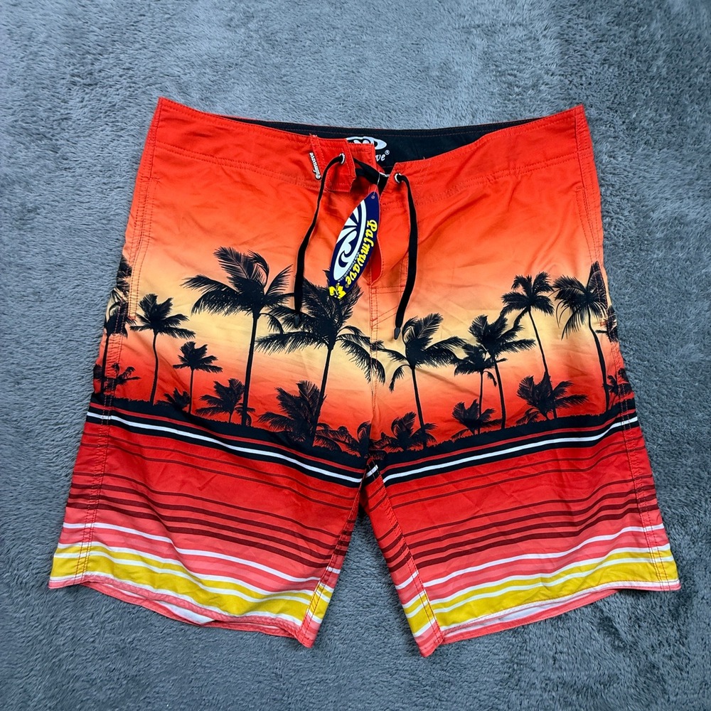 Palmwave Board Shorts Mens 40 Orange NWT Tropical Sunset Palm Tree Swim Trunks